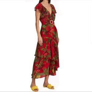 Farm Rio Red Forest Birds Belted Midi-Dress‎ new red green NWT